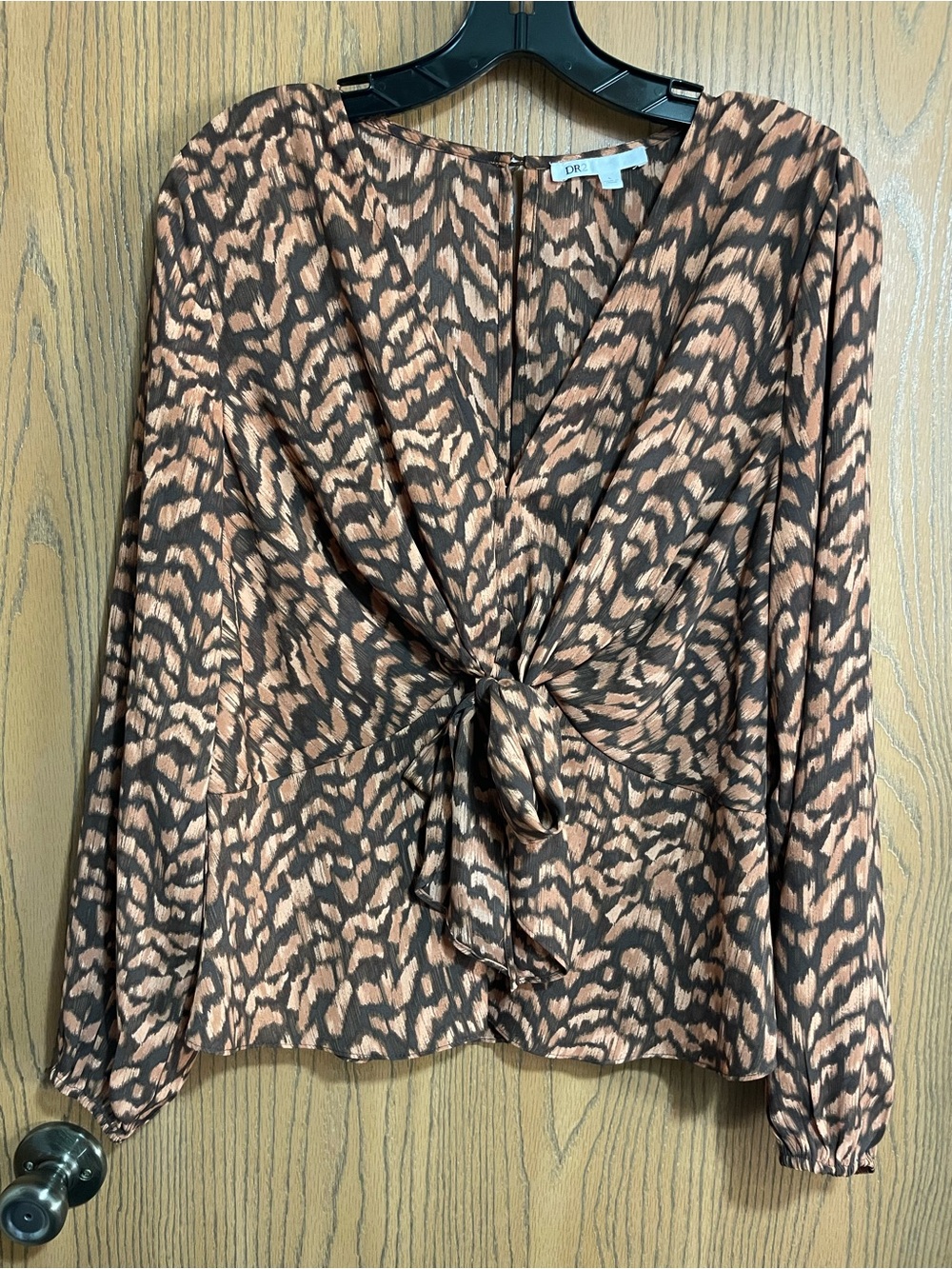 DR2 Brown and Tan Animal-Print Tie-Front Blouse